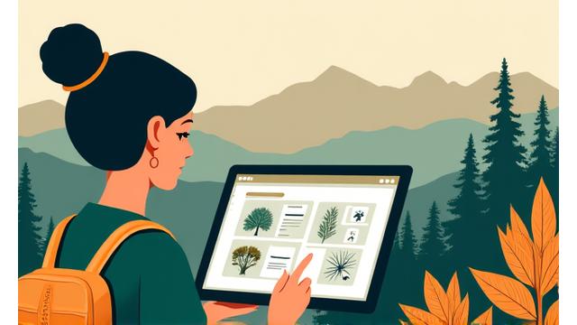Illustration of a student using a tablet to learn about plant root systems, with Colorado mountains in the background, signifying online education tailored to the region.