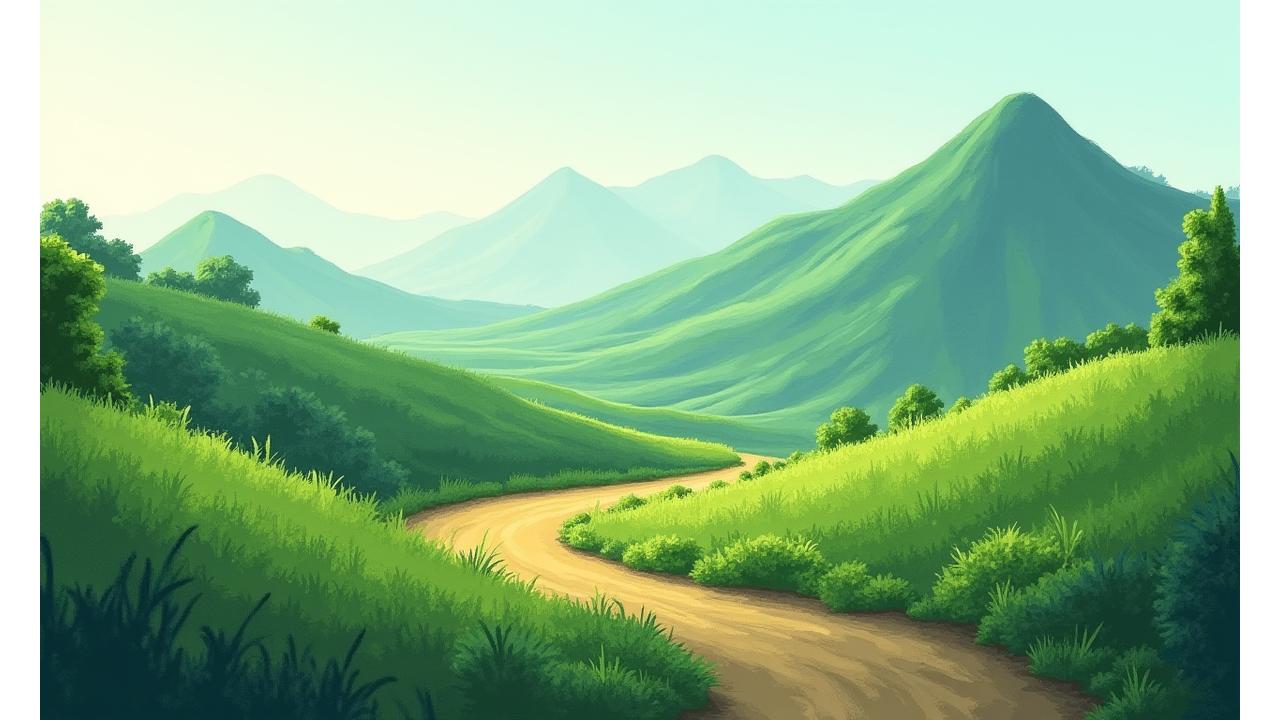 Stylized abstract image of a vibrant green mountain landscape gradually transforming from arid to lush, symbolizing progress and sustainable growth.