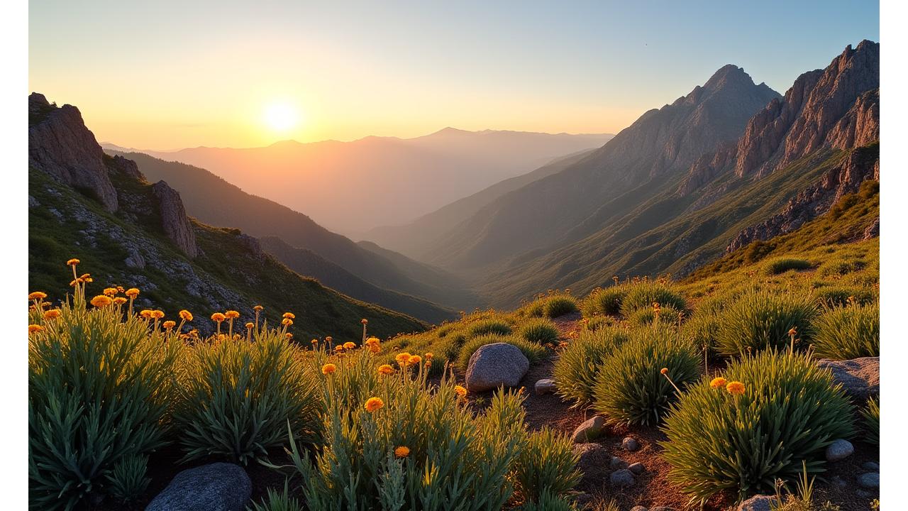 Panoramic view of the Rocky Mountains at sunrise, with a foreground of native Colorado plants thriving in a sustainable landscape.