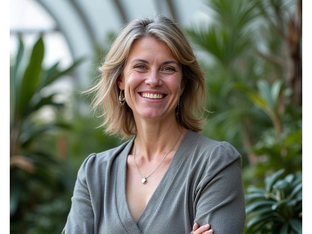 Portrait of Dr. Elena Martinez, a smiling woman in her 50s, standing in a university botanical garden.
