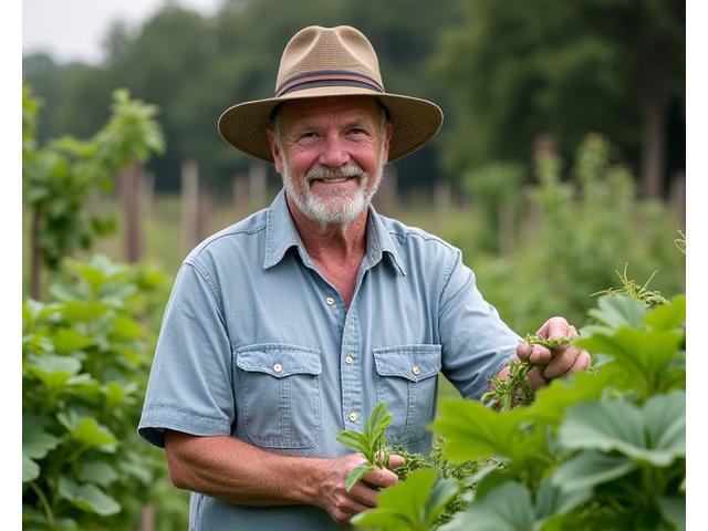 Portrait of James Thunder, a friendly man in his 60s with a wide-brimmed hat, amidst a lush vegetable garden.