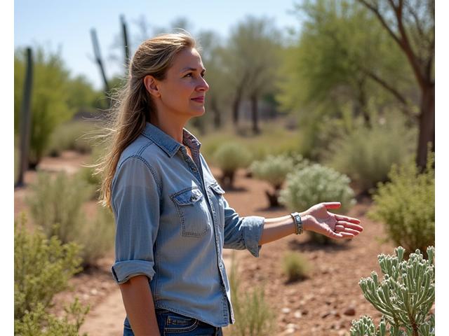 Portrait of Maria Gonzalez, a vibrant woman in her 40s demonstrating permaculture techniques in a community garden.