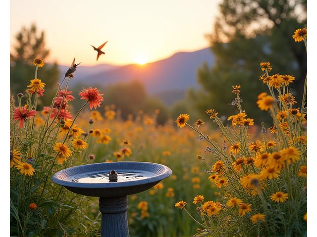 Vibrant backyard ecosystem with native wildflowers, various pollinators like bees and butterflies, and a small bird drinking from a shallow bird bath, all set against the Colorado foothills