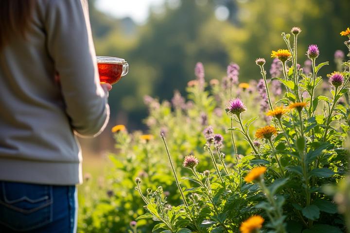 A homeowner observing a flourishing native plant garden with minimal effort, showcasing self-sustaining qualities and healthy growth indicative of low maintenance management