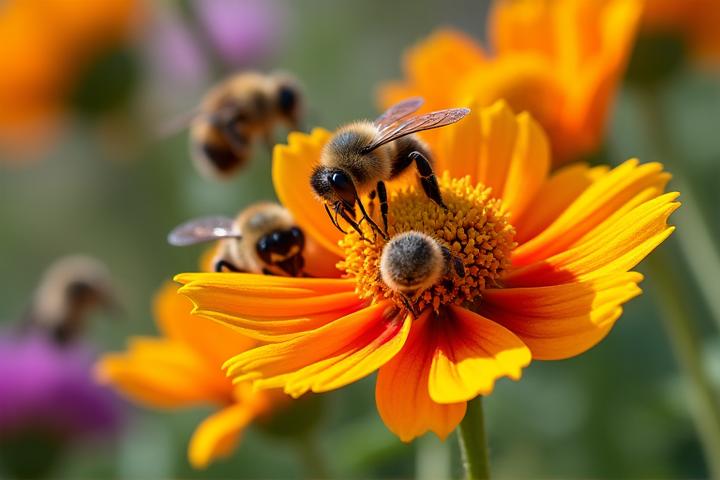 Close-up of a native Colorado wildflower garden teeming with bumblebees, monarch butterflies, and a hummingbird feeding, showcasing diverse blooms