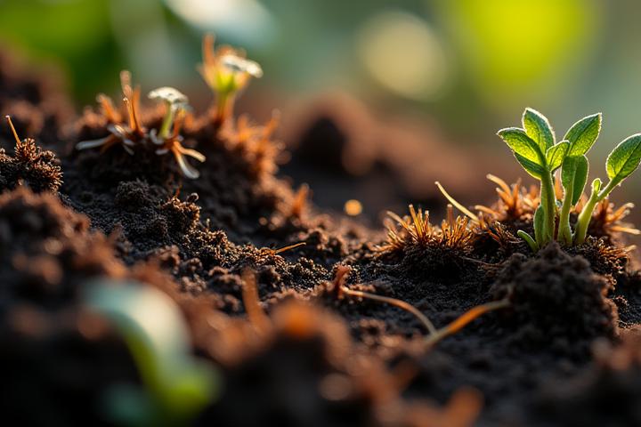 Microscopic view of healthy soil rich with mycelium, organic matter, and beneficial microorganisms, illustrating a thriving soil food web