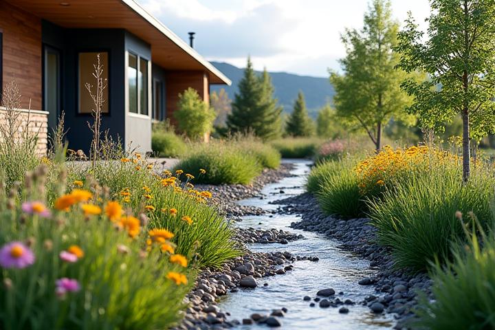 Rain garden absorbing runoff next to a house, with native plants and visible layers of gravel and soil providing natural filtration, blending seamlessly into the landscape