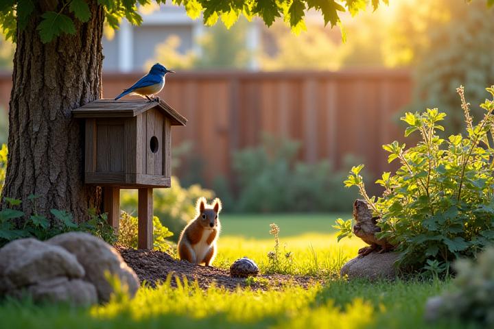 Diverse wildlife in a backyard setting: a bluebird on a nesting box, a squirrel gathering nuts near a native oak, and a toad hidden in lush groundcover, illustrating comprehensive habitat creation