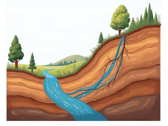Illustration of a cross-section of a sloped terrain, visually depicting water runoff channels, different soil layers, and sparse vegetation leading to exposed soil and erosion.