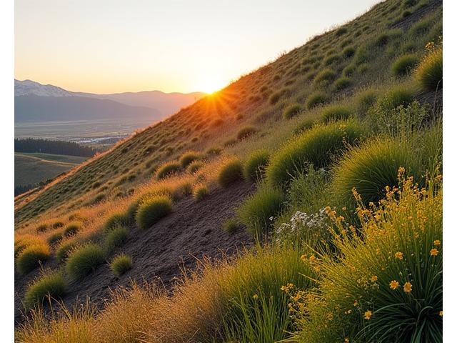 Dramatic before and after view of a Colorado hillside, showing severe erosion on one side and a lush, stabilized slope with terracing and native plants on the other.