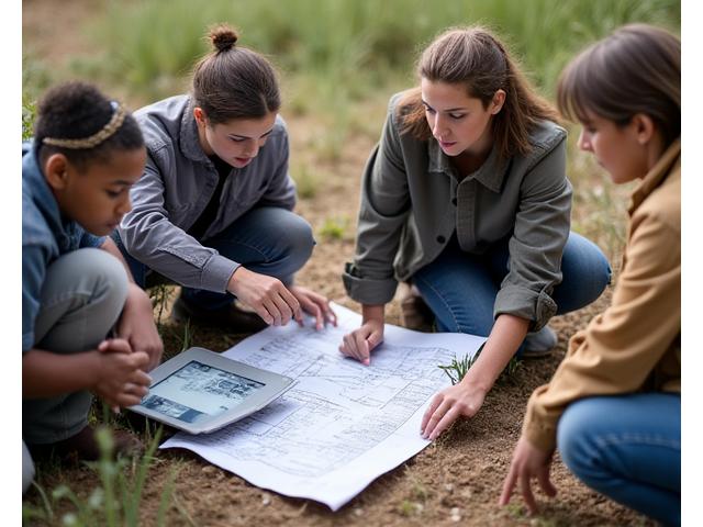 A diverse group of students, one using a tablet to view an online course module on erosion control, another looking at a blueprint, and a third examining soil in a field setting. They are engaged and learning collaboratively.
