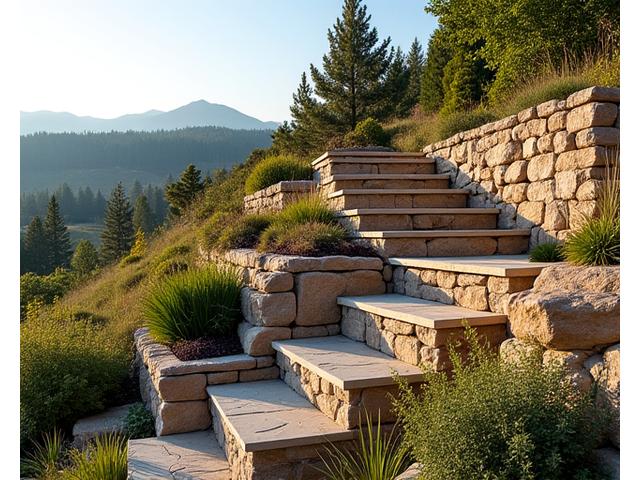 A professionally constructed terraced slope with dry-stacked stone retaining walls, showing integrated drainage features and healthy plants growing on the leveled sections.