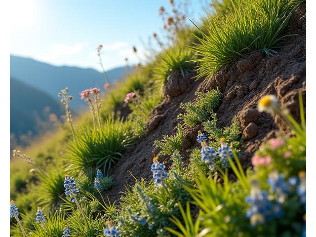 A vibrant hillside planted with diverse native ground covers, shrubs, and wildflowers, demonstrating successful plant-based erosion control and natural beauty. Roots are subtly visible stabilizing the soil texture.