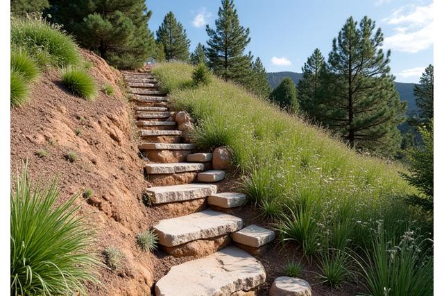 Before and after images of a severely eroded steep hillside transformed into a stable, beautifully terraced garden with native plants and integrated stone steps.