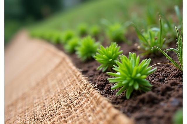 Close-up of a newly installed coir erosion control blanket on a slope, with small native plant plugs already beginning to establish, demonstrating immediate stabilization.