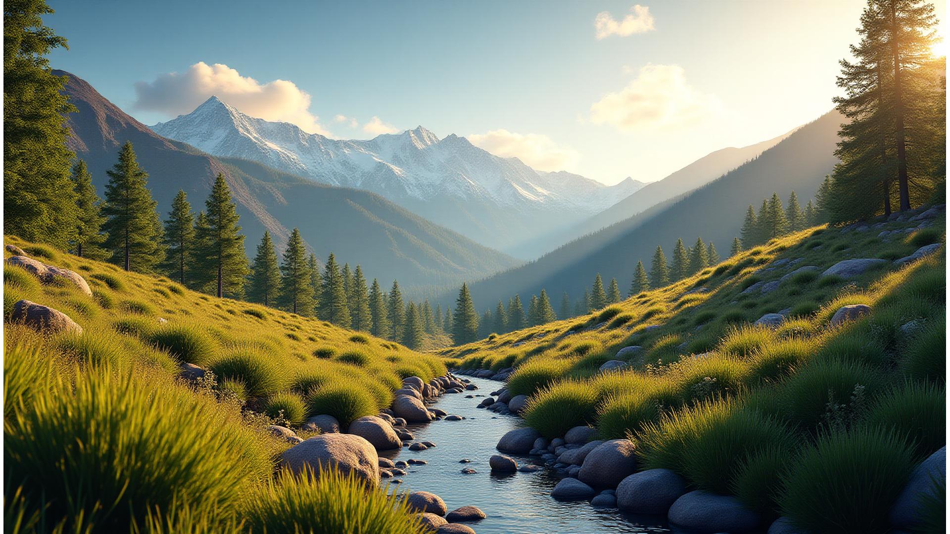 Panoramic view of Colorado mountains with healthy, sustainable landscaping in the foreground, vibrant native plants, and a flowing water feature.