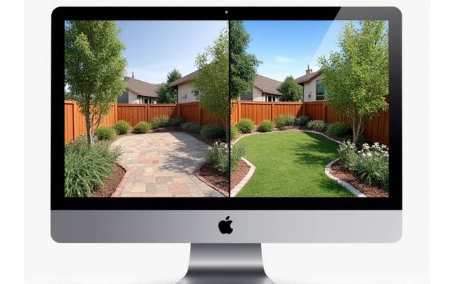Screenshot of a landscape design software showing a virtual garden with various plants and pathways, illustrating a design process.