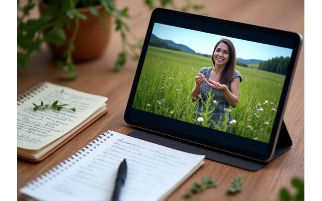 A tablet displaying an online course video about native plants, with a notepad and pencil, suggesting an engaging learning experience.