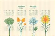 Calendar with seasonal garden icons like flowers, snow, and sun, indicating a landscaping calendar.