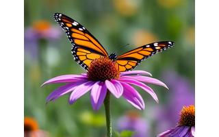Monarch butterfly landing on a colorful coneflower in a diverse backyard garden teeming with life, illustrating a thriving ecosystem.