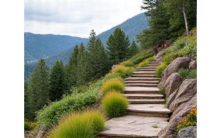 Terraced garden on a sloped hillside using natural rock and strategically planted groundcover to prevent soil erosion.