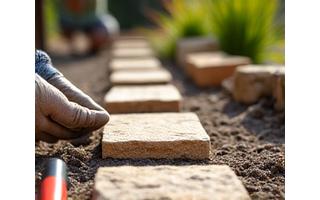 Hands building a natural stone patio, with tools laid out, in a sunny outdoor setting, indicating a hands-on workshop.