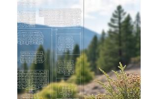 Blueprint of a mountain garden design with contour lines and native plant symbols, overlaying a picturesque mountain view.