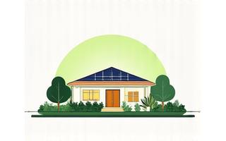 Illustration of a house with solar panels and lush, water-efficient landscaping, symbolizing sustainable living.
