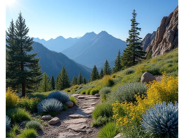 Lush, thriving garden at high elevation in Colorado, showcasing plants resilient to altitude and rocky soil.