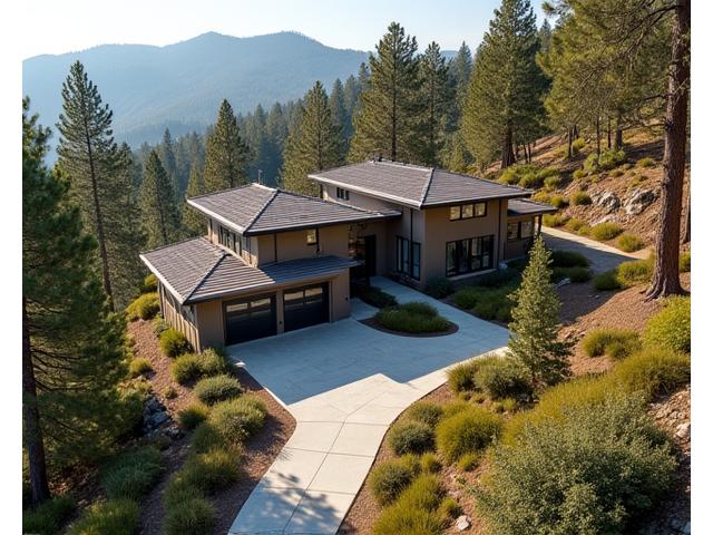 Fire-resistant landscape design around a home in a forested area, featuring clear zones and carefully selected, low-fuel plants.