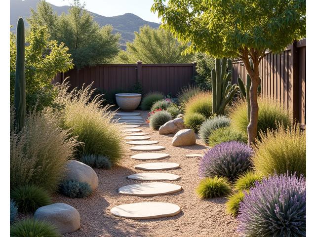 Beautiful xeriscape garden with succulents, ornamental grasses, and rocks, designed for minimal water use and attracting local wildlife.