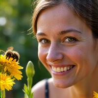 Jennifer observing a busy bee pollinating flowers in her diverse backyard, filled with native plants.