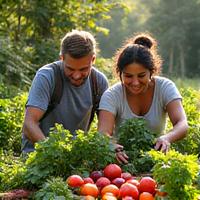 The Rodriguez family harvesting fresh vegetables and fruits from their lush permaculture food forest.