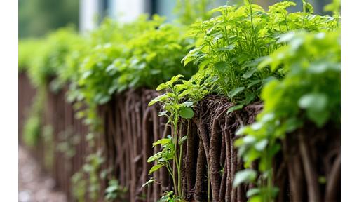 Living retaining wall made of woven branches and plants