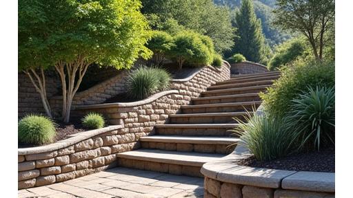 Strategically placed gabion basket wall on a mountain slope with integrated drainage