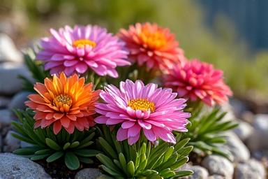 Colorful alpine perennials thriving in a rocky garden bed
