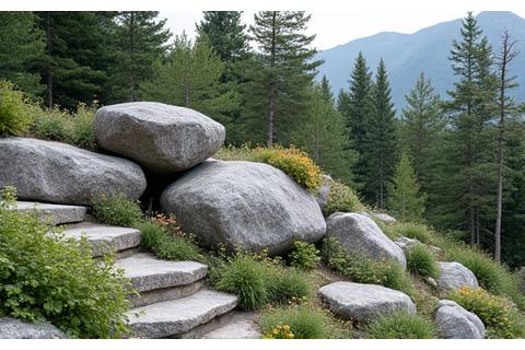 Elegant rock garden integrated with existing boulders and alpine plants