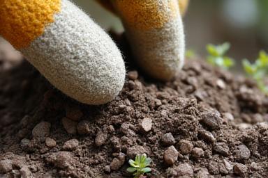 Close up of rocky, nutrient-poor mountain soil being amended