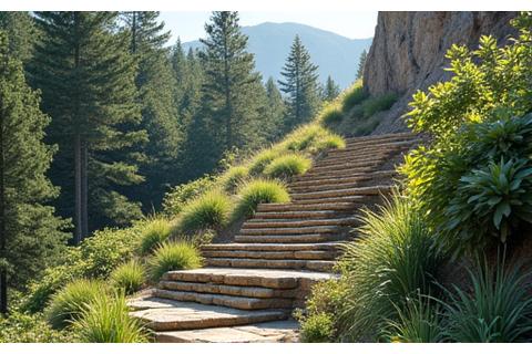 Before and after showing a steep, eroded slope transformed into a terraced, planted garden