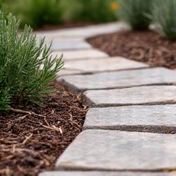 Local stone patio with native mulch in a garden