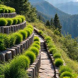 Terraced garden beds on a mountainside