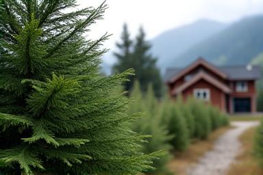 Mountain home protected by windbreak trees and structural planting