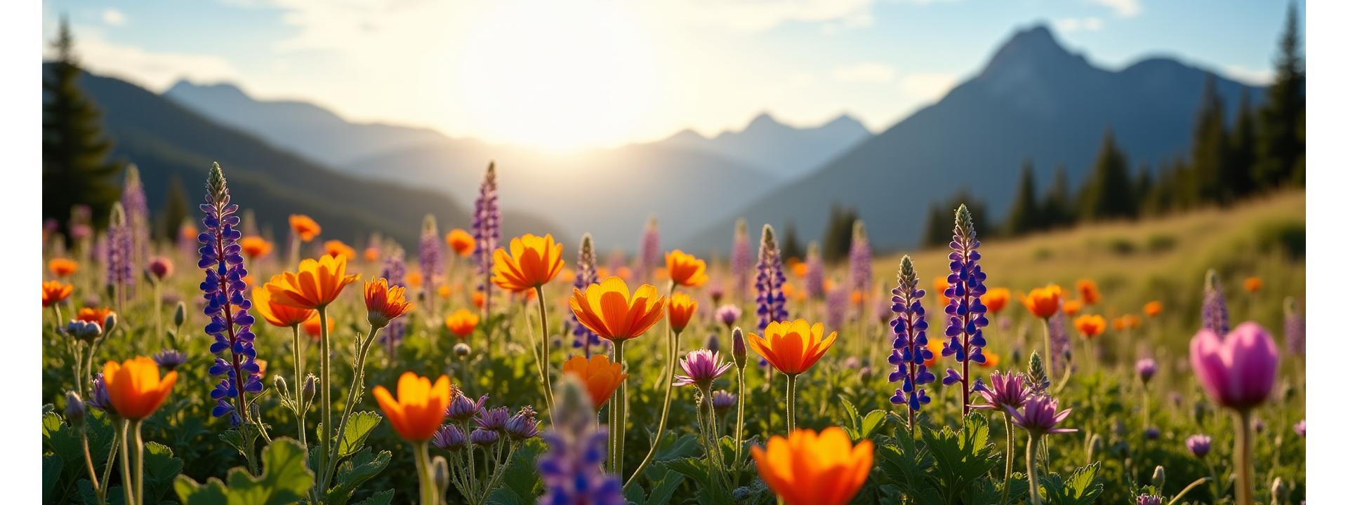 Vibrant Colorado native wildflower meadow with Rocky Mountains in background