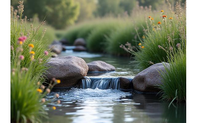 Small, naturalistic pond with native grasses and wildflowers