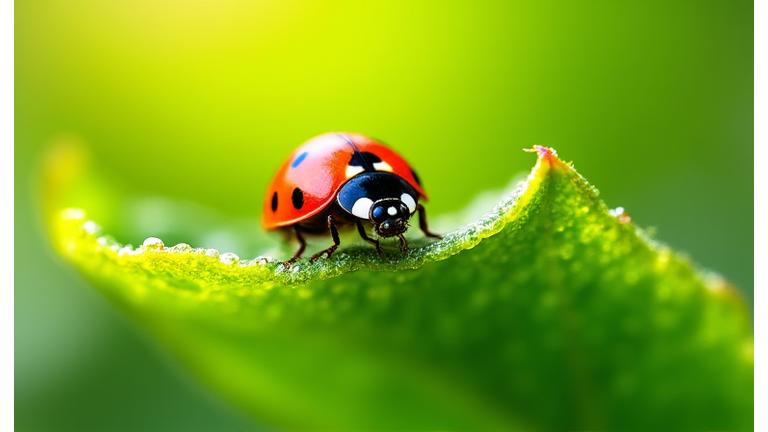 Close up of a ladybug on a green leaf, symbolizing natural pest control.