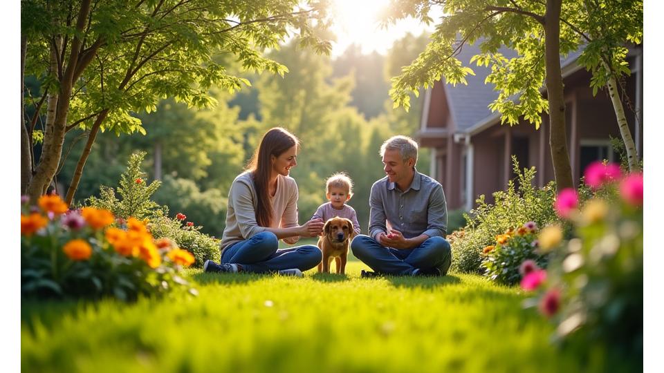 Healthy family enjoying a lush, organic garden with colorful flowers and green lawn, no signs of chemicals, soft sun.