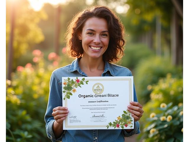 A student proudly holding an organic gardening certification diploma, smiling in a beautiful garden setting.