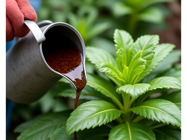 Someone pouring dark, rich compost tea from a watering can onto healthy green plants.