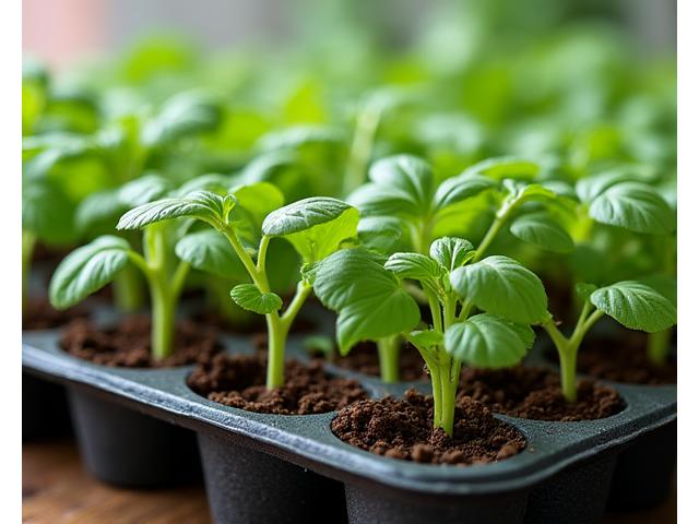 Close-up of vibrant, young organic seedlings thriving in a biodegradable tray, ready for transplanting.