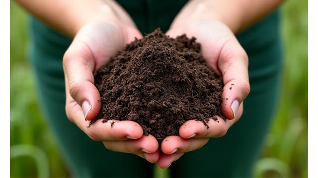Close-up of hands collecting a soil sample with a soil probe, showing healthy, dark earth.